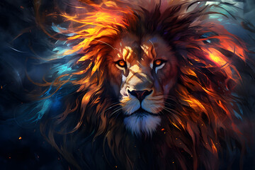 Naklejka premium Lion with fire artwork created with Generative AI technology