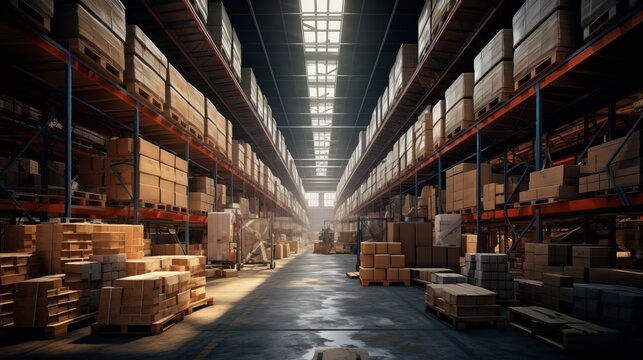 Warehouse view along the rows of shelves with packs. Industrial interior hall storage room. Logistics modern center interior full of racks with large number cardboard boxes. AI generative.