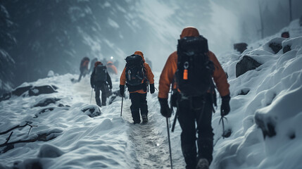 Rescue team navigates through a treacherous snowstorm, searching for missing people buried in an avalanche. Emergency response concept.