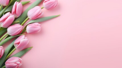 Spring tulip flowers on pink background with copy space for text. AI generative.