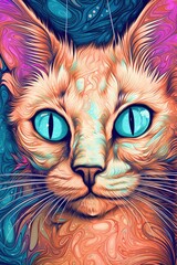 Highland Lynx Siamese cat psychedelic look. Generative AI