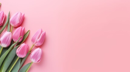 Spring tulip flowers on pink background with copy space for text. AI generative.