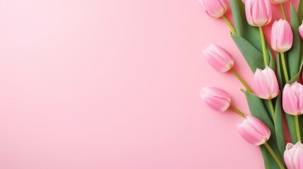 Fototapeta na wymiar Spring tulip flowers on pink background with copy space for text. AI generative.