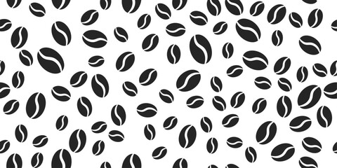 Coffee monochrome pattern. Coffee beans are black, on a white background. Seamless pattern for textiles, pillows, clothes, background, packaging, notepads. Vector.