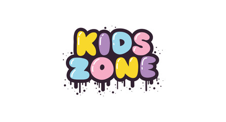 Fototapeta premium Kids Zone - lettering short slogan quote in cute retro graffiti style. Bubble hand drawn letters with black stroke and streaks of paint splashes. Vector isolate on white background.