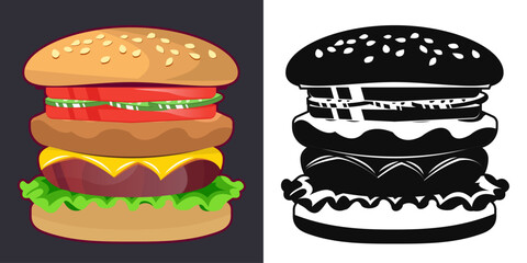 Cheeseburger vector color and monochrome. Seamless pattern for textiles, pillows, clothes, background, packaging, notepads. Vector.