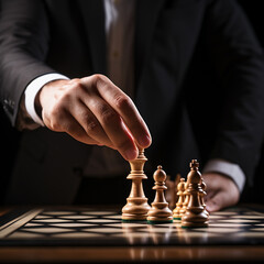 Hand of businessman playing a game of chess, strategy board game, problem solving, Risk management.