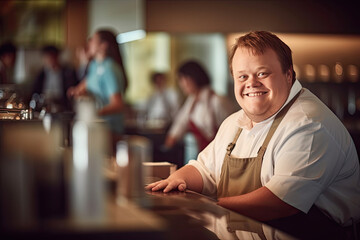 Cheerful young Down Syndrome waiter working in take away restaurant, social inclusion concept. Generative Ai