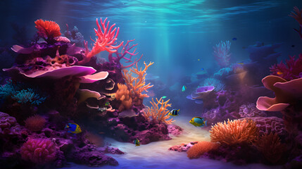 Fototapeta na wymiar Colorful coral reef with fishes and corals photo background created with Generative AI technology