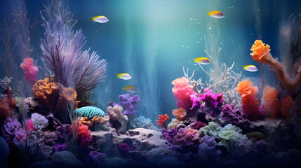 Fototapeta na wymiar Colorful coral reef with fishes and corals photo background created with Generative AI technology