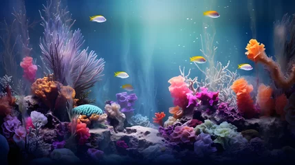 Gordijnen Colorful coral reef with fishes and corals photo background created  with Generative AI technology © Oksana
