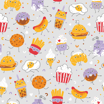Dessert and fast food seamless pattern cute smile. Hand-drawn nursery cartoon doodle kawaii character. Childish vector illustration in simple naive style. Unisex for fabrics, textiles, baby clothes.