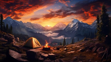 Tourist camp in the mountains, tent in the foreground. generative AI.