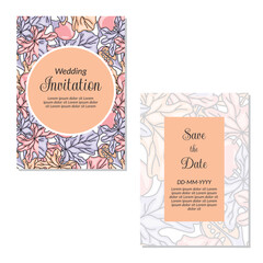 Wedding invitation card template. flowers and leaves seamless pattern background save the date, invitation, greeting card, vector illustration.