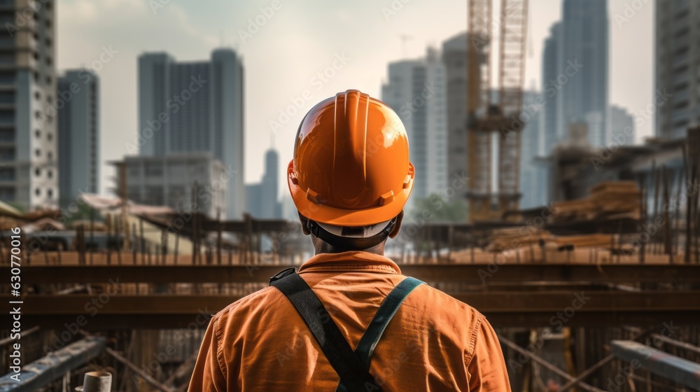 Poster construction of a skyscraper, view of a worker in a orange helmet from behind. ai generative.