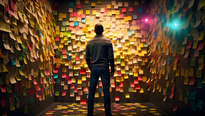 Man in front of sticky notes wall created with Generative AI technology