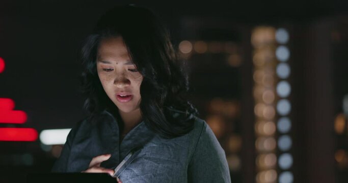 Phone call communication, tablet and balcony woman talking to stock market investment contact for business. Asian NFT trader, crypto trading conversation or forex account manager networking at night