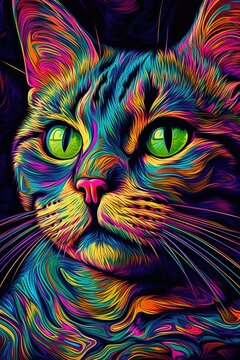 Pixie bob cat psychedelic look. Generative AI