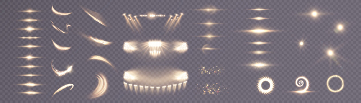 Set of light effects. Glowing isolated set of yellow light effects, glare, spotlight, explosion, glitter, dust, line, sun flare, spark and stars, curve. Sunlight, abstract special effect.
