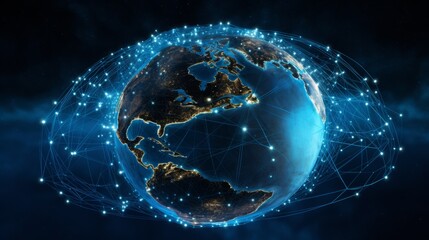 Planet earth hologram surrounded by glowing, futuristic, sci fi blue mesh. Generative AI.