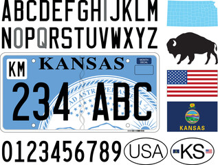 Kansas state car license plate pattern, letters, numbers and symbols, vector illustration, USA