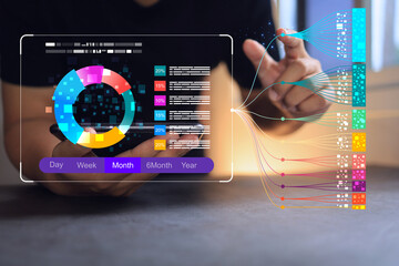 Businessman and big data technology. Scientist computing, analysing and visualizing complex data...