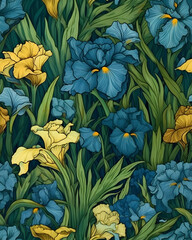 Iris flower seamless hand drawn pattern created  with Generative AI technology