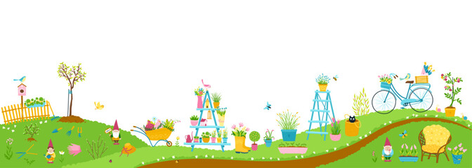 Garden vertical landscape panorama. Spring illustration in hand drawn doodle style with flowers, work tools, garden gnomes and black cat.