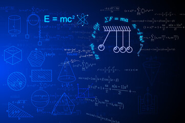 Dark blue background image, mathematical equations containing Albert Einstein's theory and Isaac Newton's laws of motion. Kinetic energy transfer, momentum and other geometrical equations. - obrazy, fototapety, plakaty