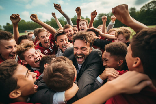 Soccer Coach Celebrating with His Players - Team Spirit and Success. AI Generated.