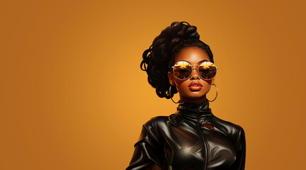 Close up studio portrait of beautiful young african woman with sunglasses and leather jacket, beauty portrait of african american young woman, luxurious woman. - 630774029