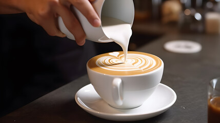 A professional barista pours milk into a coffee mug to make a beautiful rosetta latte art in a cafe Generative AI