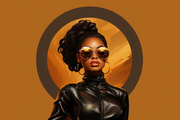 Close up studio portrait of beautiful young african woman with sunglasses and leather jacket, beauty portrait of african american young woman, luxurious woman. - obrazy, fototapety, plakaty