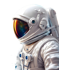 Profile portrait of astronaut in white spacesuit and helmet on transparent background.