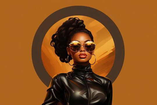 Close up studio portrait of beautiful young african woman with sunglasses and leather jacket, beauty portrait of african american young woman, luxurious woman.