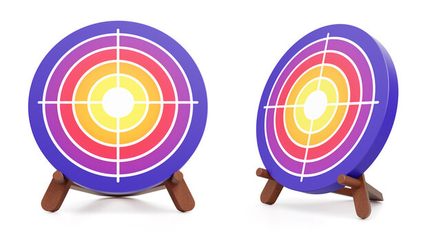 Darts Dartboard. Fixed on a wooden stand a dartboard in a front and a side perspective projections on white background. 3D rendering graphics.