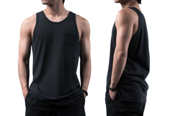 Young man in black Tank top mockup front and back view, Cutout.