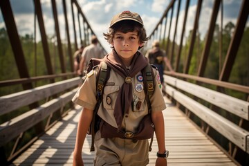 Boy Scout standing on a bridge. Generative AI. - obrazy, fototapety, plakaty