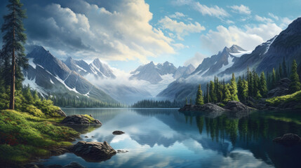 Fototapeta na wymiar Fantasy mountain lake landscape beautiful sky