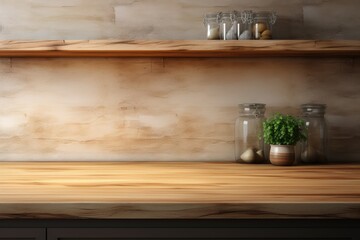 Fototapeta na wymiar Wooden countertop in a kitchen with beautiful decoration. Perfect for product presentation or background.