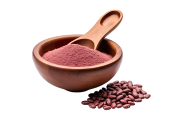 finely red bean powder in a wooden bowl and spoon, with red beans around isolated on white background PNG