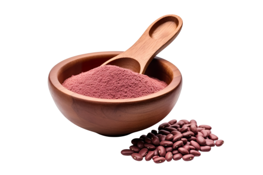 finely red bean powder in a wooden bowl and spoon, with red beans around isolated on white background PNG