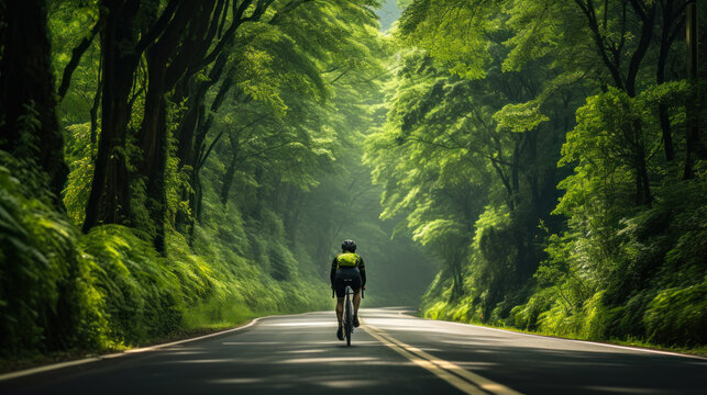 cyclist rides on a highway surrounded by green forests generative ai