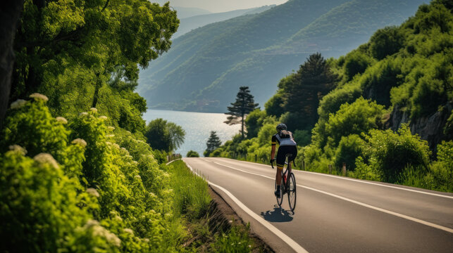cyclist rides on a highway surrounded by green forests generative ai