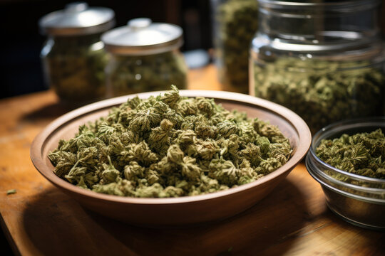 dried green cannabis buds in a plate generative ai