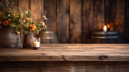 empty wooden table with flowers and a candle,.copy space mockup generative ai