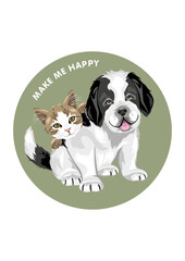 Saint Bernard puppy dog and cute cat. Make me happy