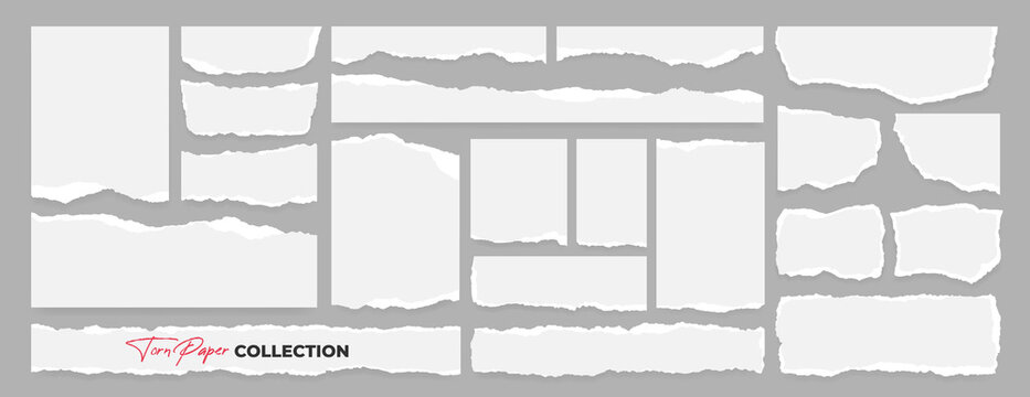 Set of realistic white torn or ripped paper sheets for social media clip art. Office scrap note, notebook page split or torn paper collection. Newspaper text message label strip. Decoration ornament.