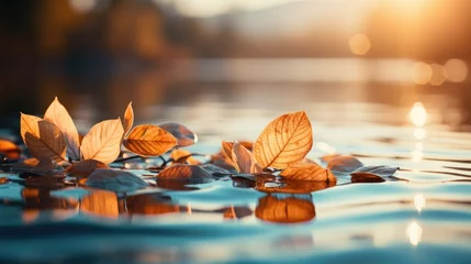 Fototapete beautiful leaves fall on the water. autumn with sunset in the afternoon © OGGYA