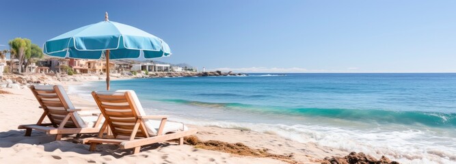 Fototapeta premium Chairs And Umbrella In Tropical Beach - Seascape Banner